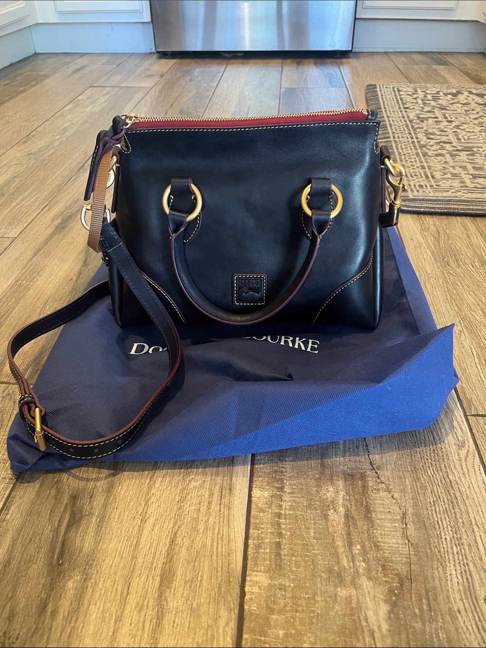 Dooney & Bourke Navy Blue Leather Florentine Satchel with Red Zip and Brown Trim